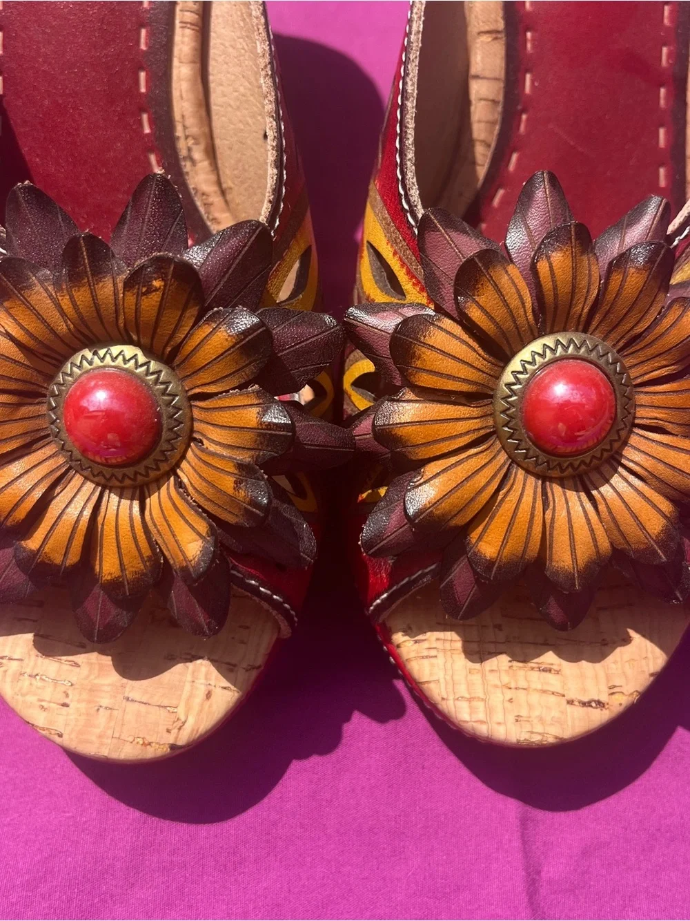 L’Artiste Red Leather Floral Slide Sandals
